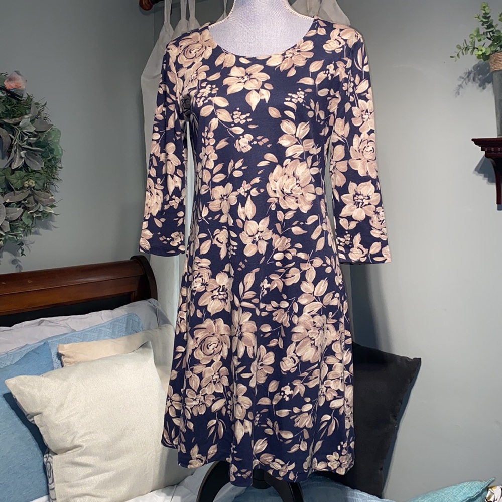 Karen Scott Sport Cotton Blend Shift Dress Navy Tan Floral Petite Medium